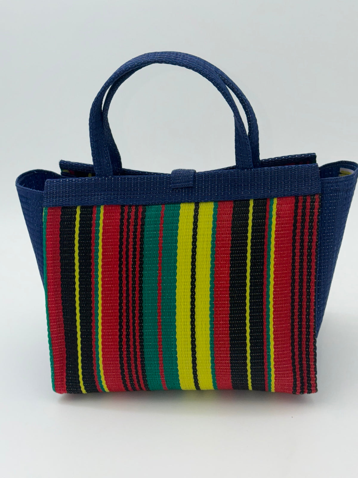 Africana Medium  handwoven tote bag by SCRUBIES in Blue,Red,Yellow,Black,Green with Stripes design and Bow accent pattern