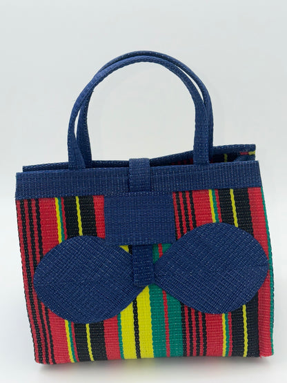 Africana Medium  handwoven tote bag by SCRUBIES in Blue,Red,Yellow,Black,Green with Stripes design and Bow accent pattern
