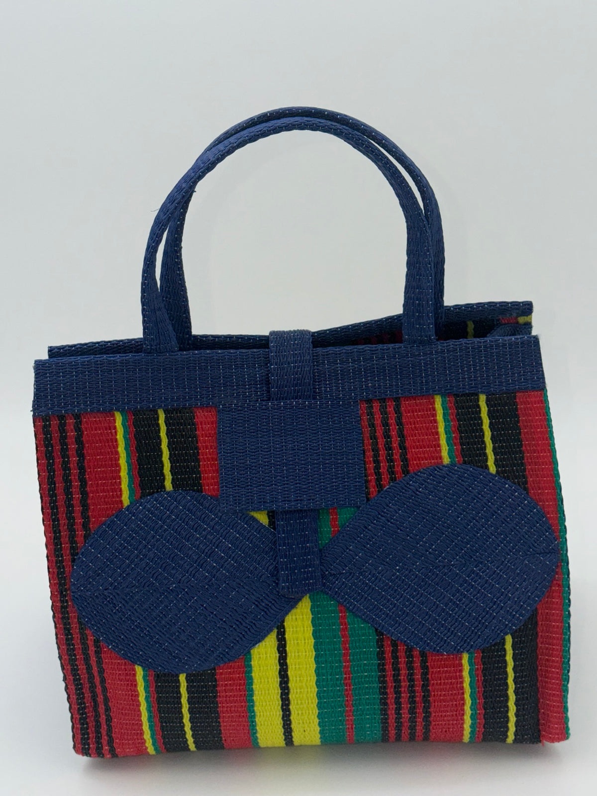 Africana Medium  handwoven tote bag by SCRUBIES in Blue,Red,Yellow,Black,Green with Stripes design and Bow accent pattern