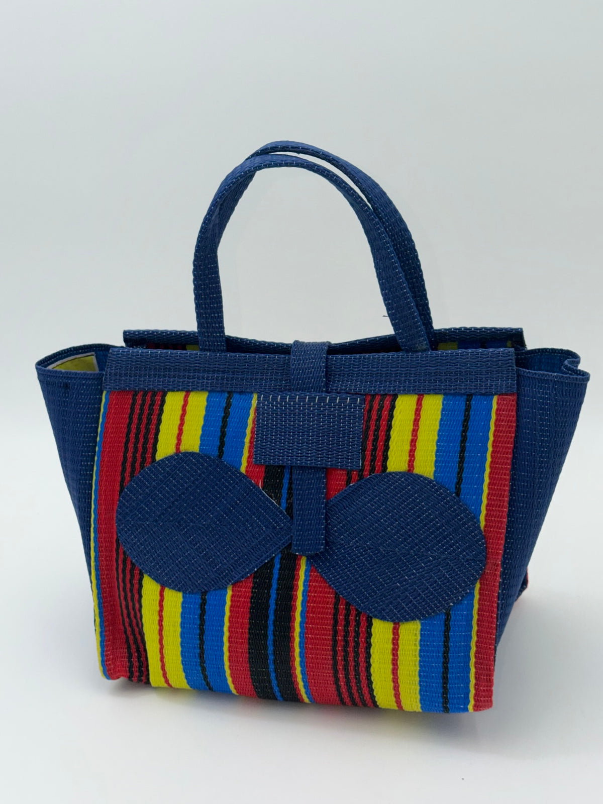 Africana Medium  handwoven tote bag by SCRUBIES in Blue,Red,Yellow,Black, with Stripes design and Bow accent pattern