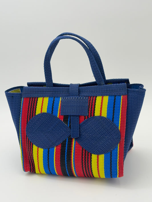 Africana Medium  handwoven tote bag by SCRUBIES in Blue,Red,Yellow,Black, with Stripes design and Bow accent pattern