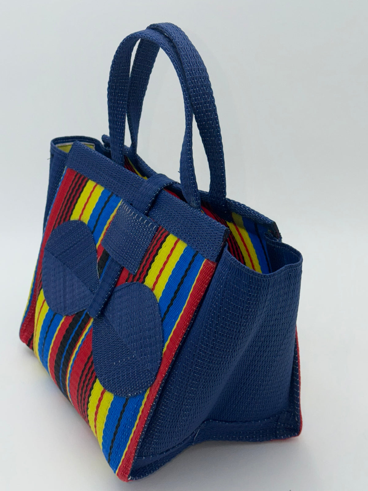 Africana Medium  handwoven tote bag by SCRUBIES in Blue,Red,Yellow,Black, with Stripes design and Bow accent pattern