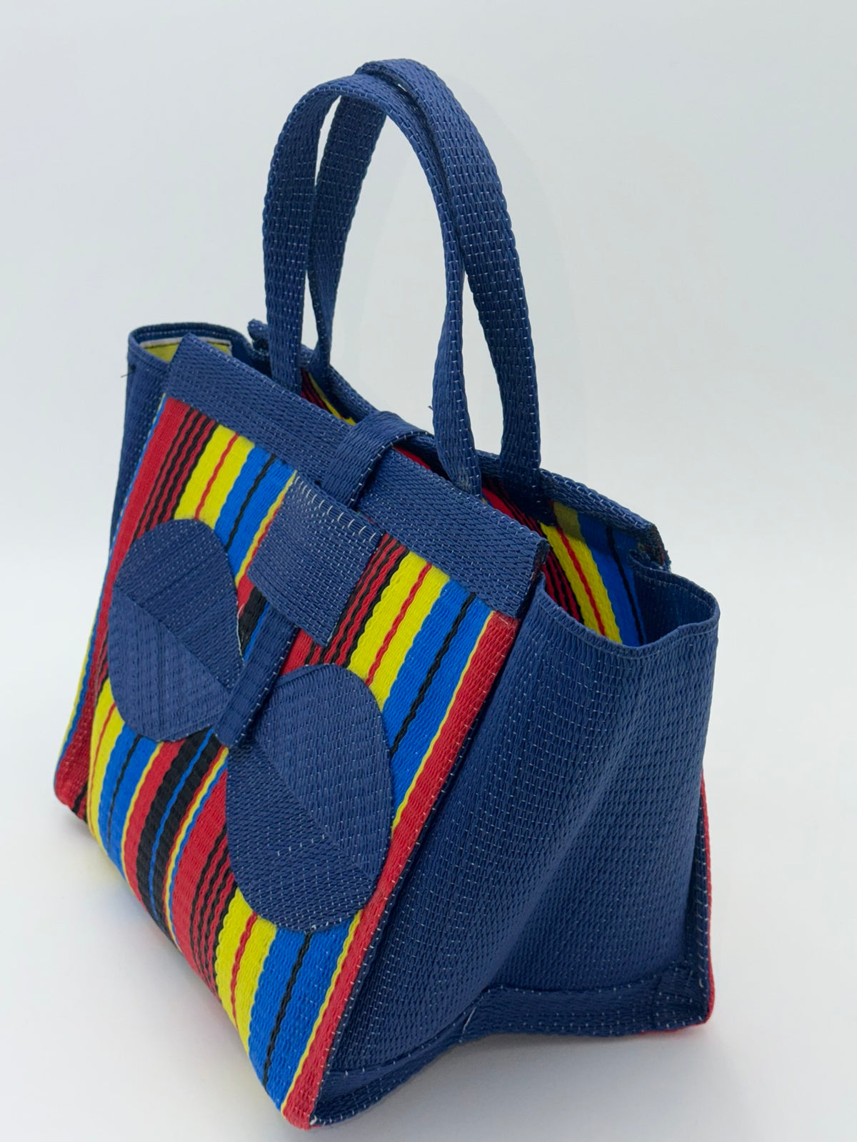 Africana Medium  handwoven tote bag by SCRUBIES in Blue,Red,Yellow,Black, with Stripes design and Bow accent pattern