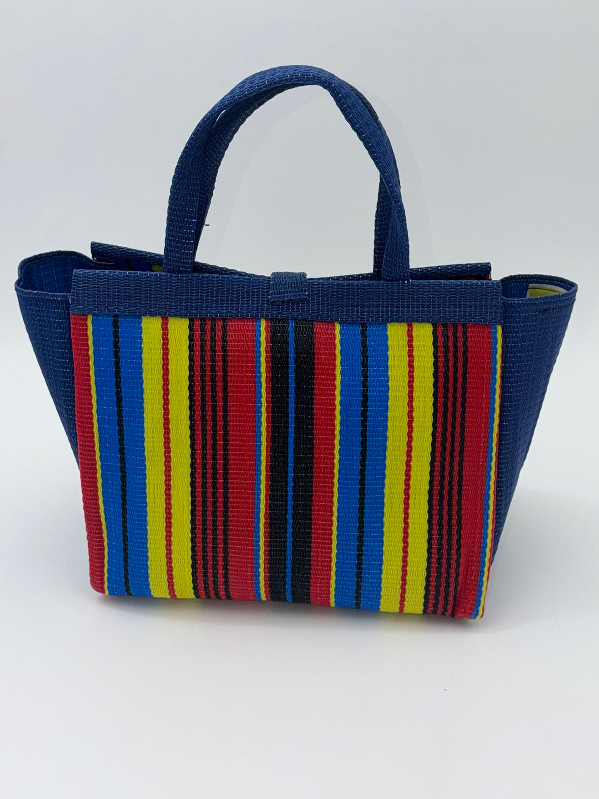 Africana Medium  handwoven tote bag by SCRUBIES in Blue,Red,Yellow,Black, with Stripes design and Bow accent pattern