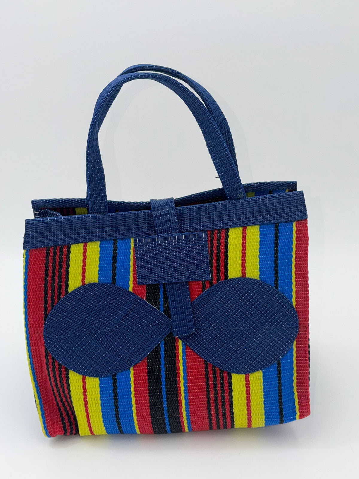 Africana Medium  handwoven tote bag by SCRUBIES in Blue,Red,Yellow,Black, with Stripes design and Bow accent pattern