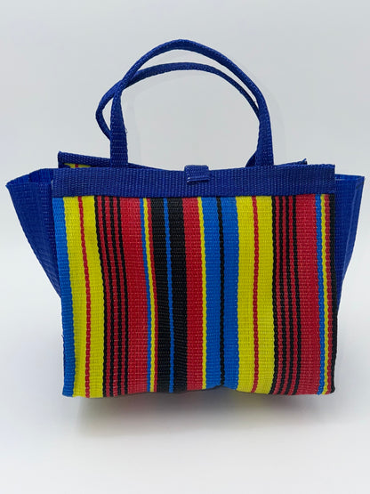 Africana Medium  handwoven tote bag by SCRUBIES in Blue,Red,Yellow,Black, with Stripes design and Love accent pattern