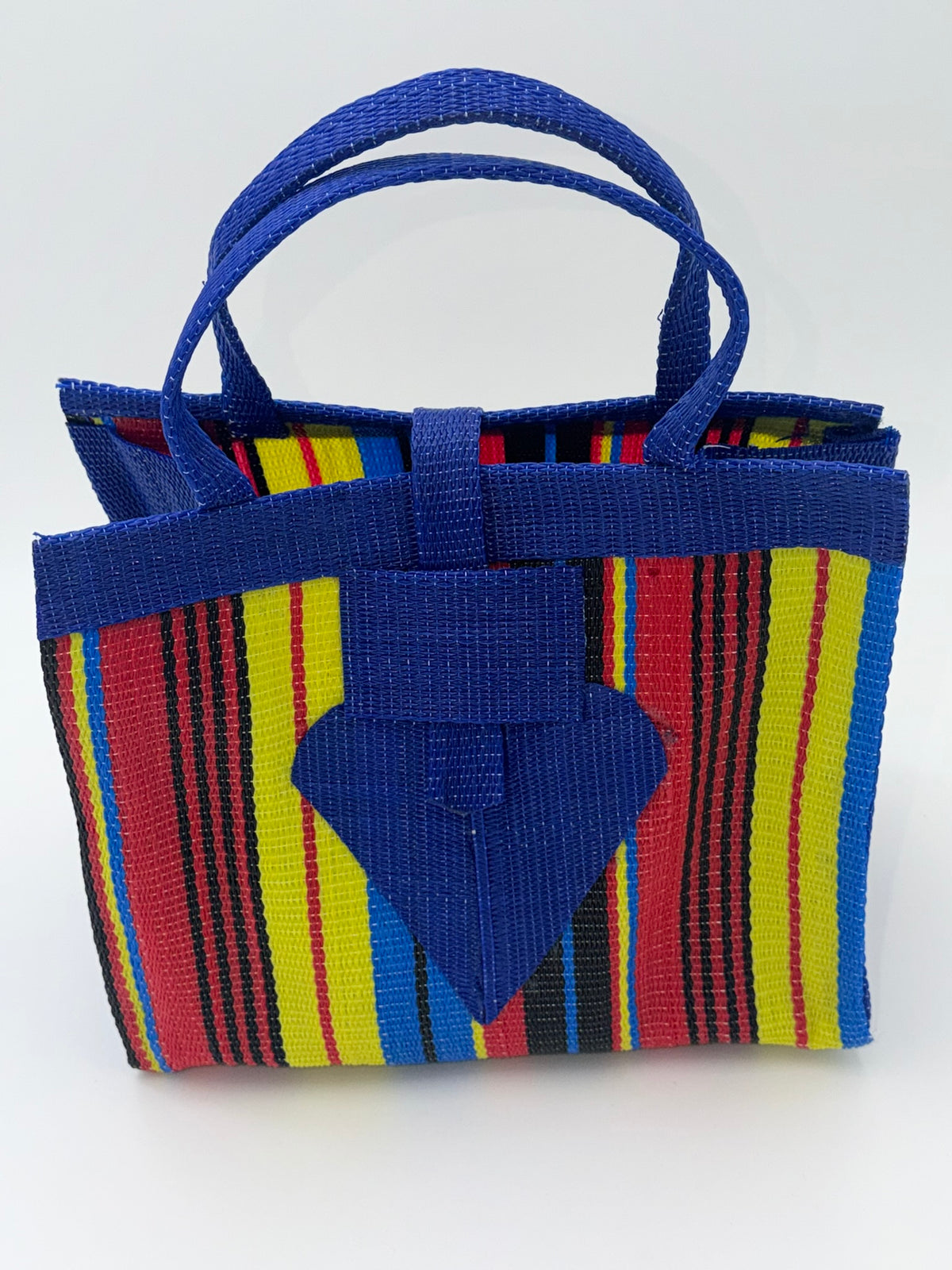 Africana Medium  handwoven tote bag by SCRUBIES in Blue,Red,Yellow,Black, with Stripes design and Love accent pattern