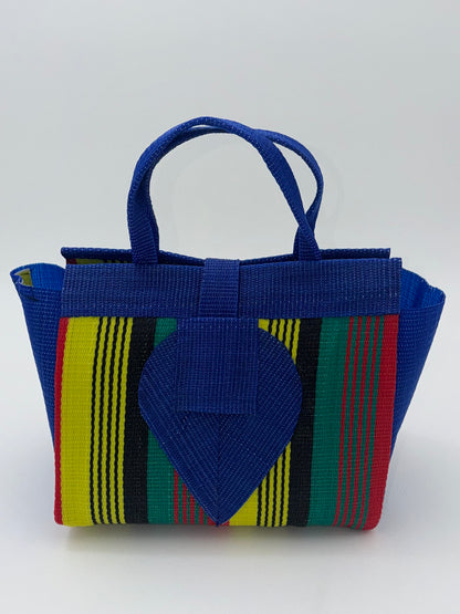 Africana Medium  handwoven tote bag by SCRUBIES in Blue,Red,Yellow,Black,Green with Stripes design and Leaf accent pattern