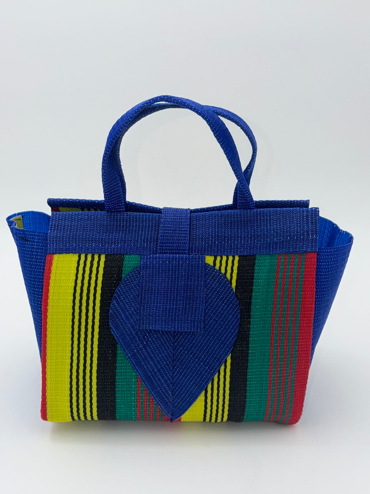Africana Medium  handwoven tote bag by SCRUBIES in Blue,Red,Yellow,Black,Green with Stripes design and Leaf accent pattern