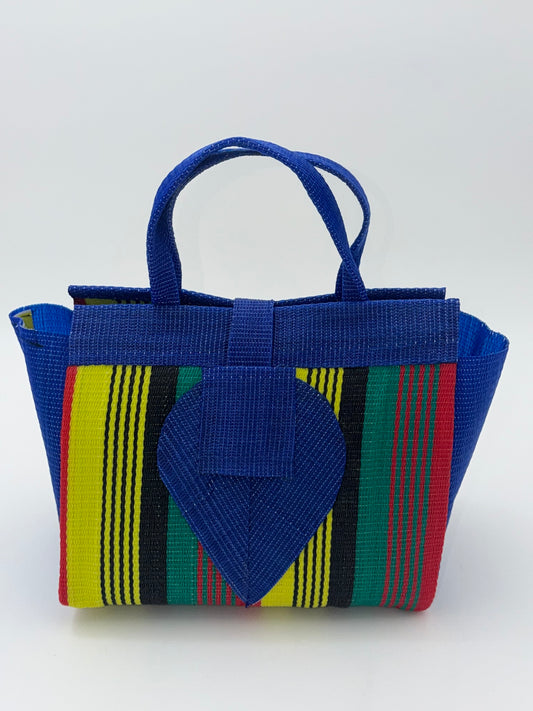 Africana Medium  handwoven tote bag by SCRUBIES in Blue,Red,Yellow,Black,Green with Stripes design and Leaf accent pattern