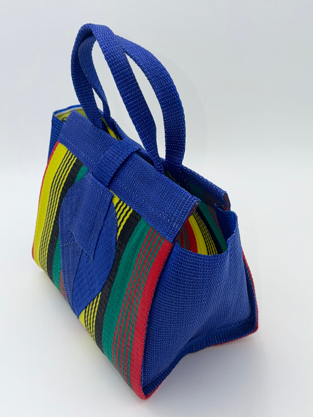 Africana Medium  handwoven tote bag by SCRUBIES in Blue,Red,Yellow,Black,Green with Stripes design and Leaf accent pattern