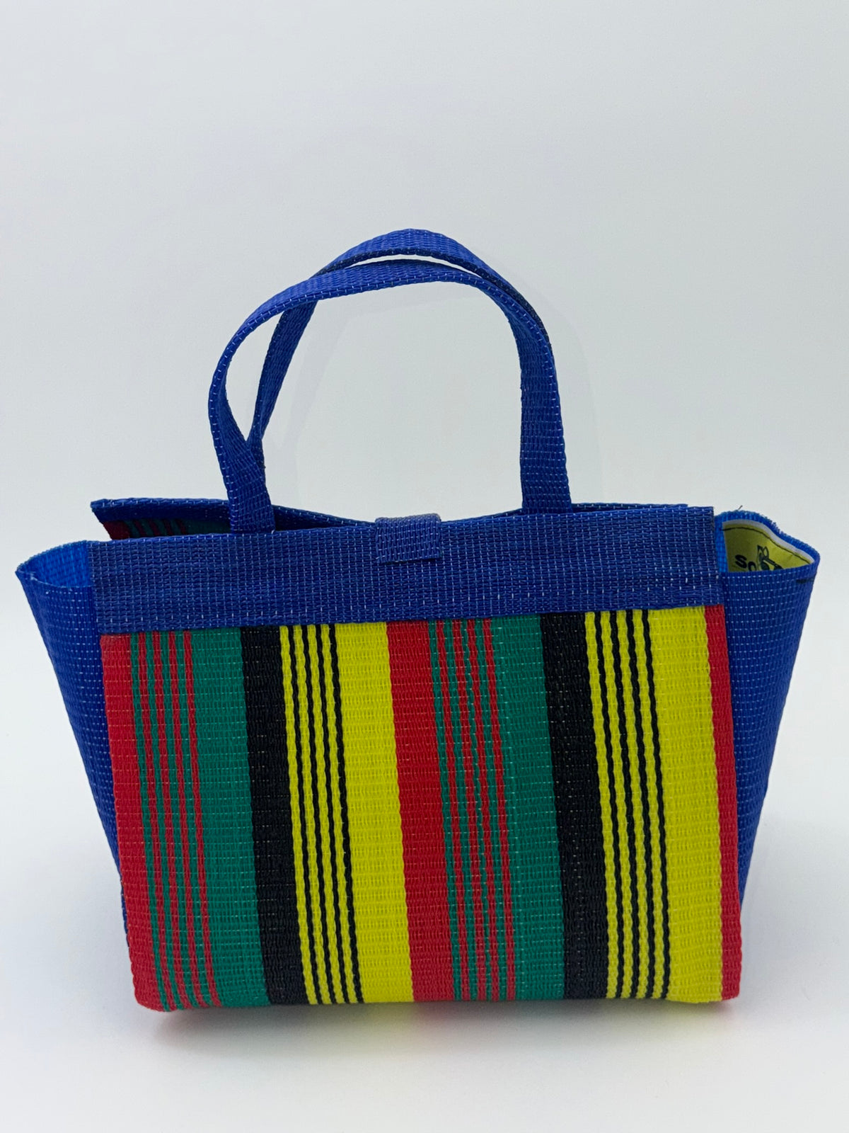 Africana Medium  handwoven tote bag by SCRUBIES in Blue,Red,Yellow,Black,Green with Stripes design and Leaf accent pattern