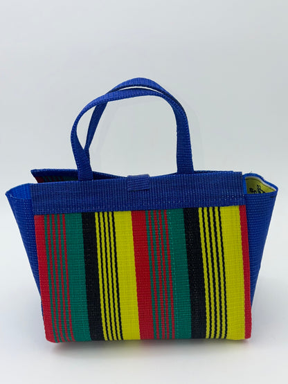 Africana Medium  handwoven tote bag by SCRUBIES in Blue,Red,Yellow,Black,Green with Stripes design and Leaf accent pattern