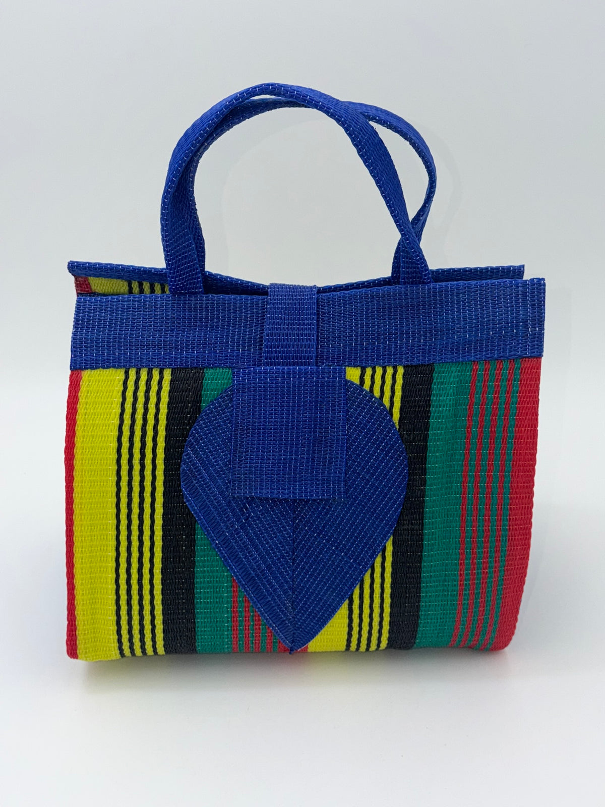 Africana Medium  handwoven tote bag by SCRUBIES in Blue,Red,Yellow,Black,Green with Stripes design and Leaf accent pattern