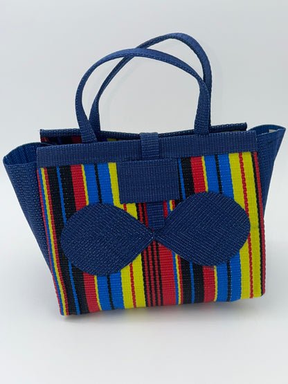 Africana Medium  handwoven tote bag by SCRUBIES in Blue,Red,Yellow,Black, with Stripes design and Bow accent pattern