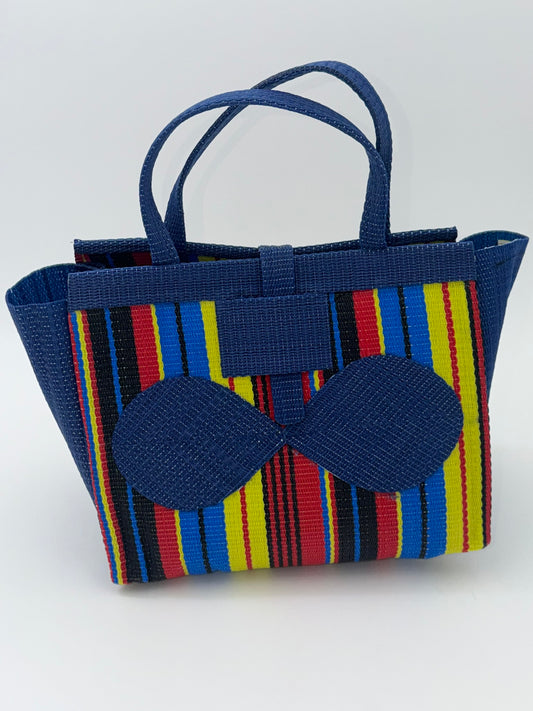 Africana Medium  handwoven tote bag by SCRUBIES in Blue,Red,Yellow,Black, with Stripes design and Bow accent pattern