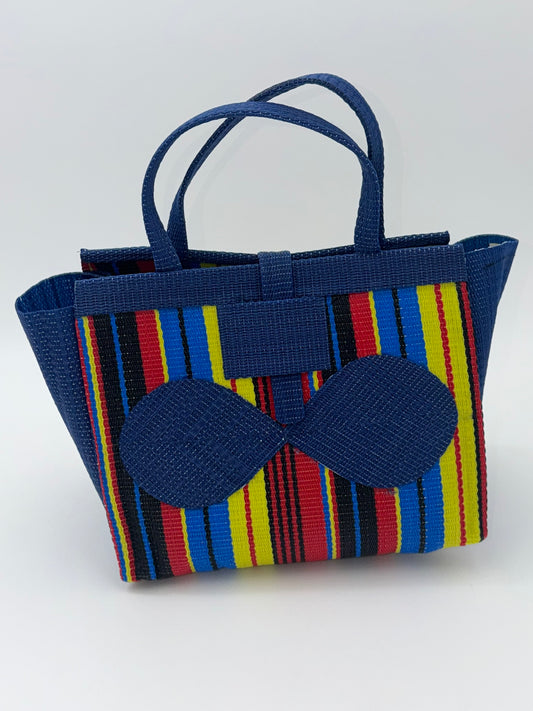 Africana Medium  handwoven tote bag by SCRUBIES in Blue,Red,Yellow,Black, with Stripes design and Bow accent pattern