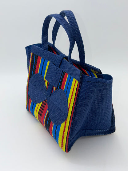 Africana Medium  handwoven tote bag by SCRUBIES in Blue,Red,Yellow,Black, with Stripes design and Bow accent pattern
