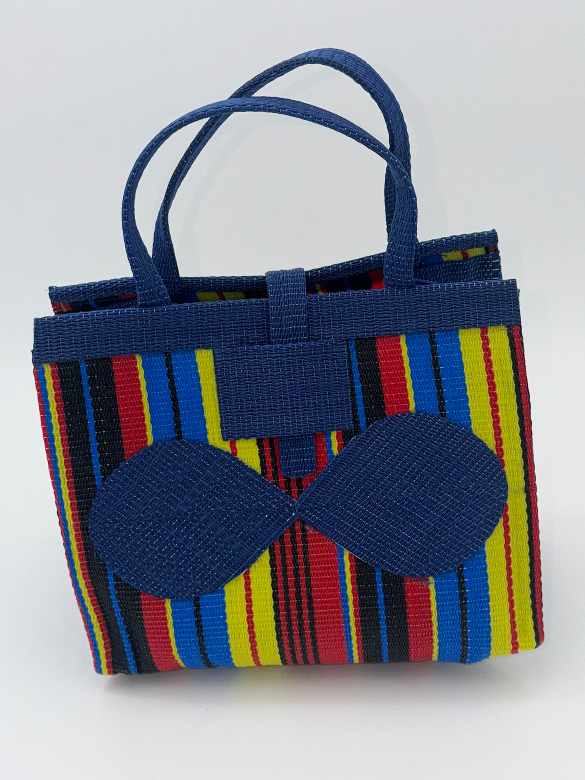 Africana Medium  handwoven tote bag by SCRUBIES in Blue,Red,Yellow,Black, with Stripes design and Bow accent pattern