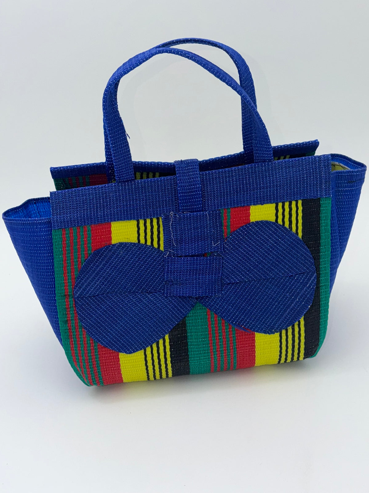 Africana Medium  handwoven tote bag by SCRUBIES in Blue,Red,Yellow,Black,Green with Stripes design and Bow accent pattern