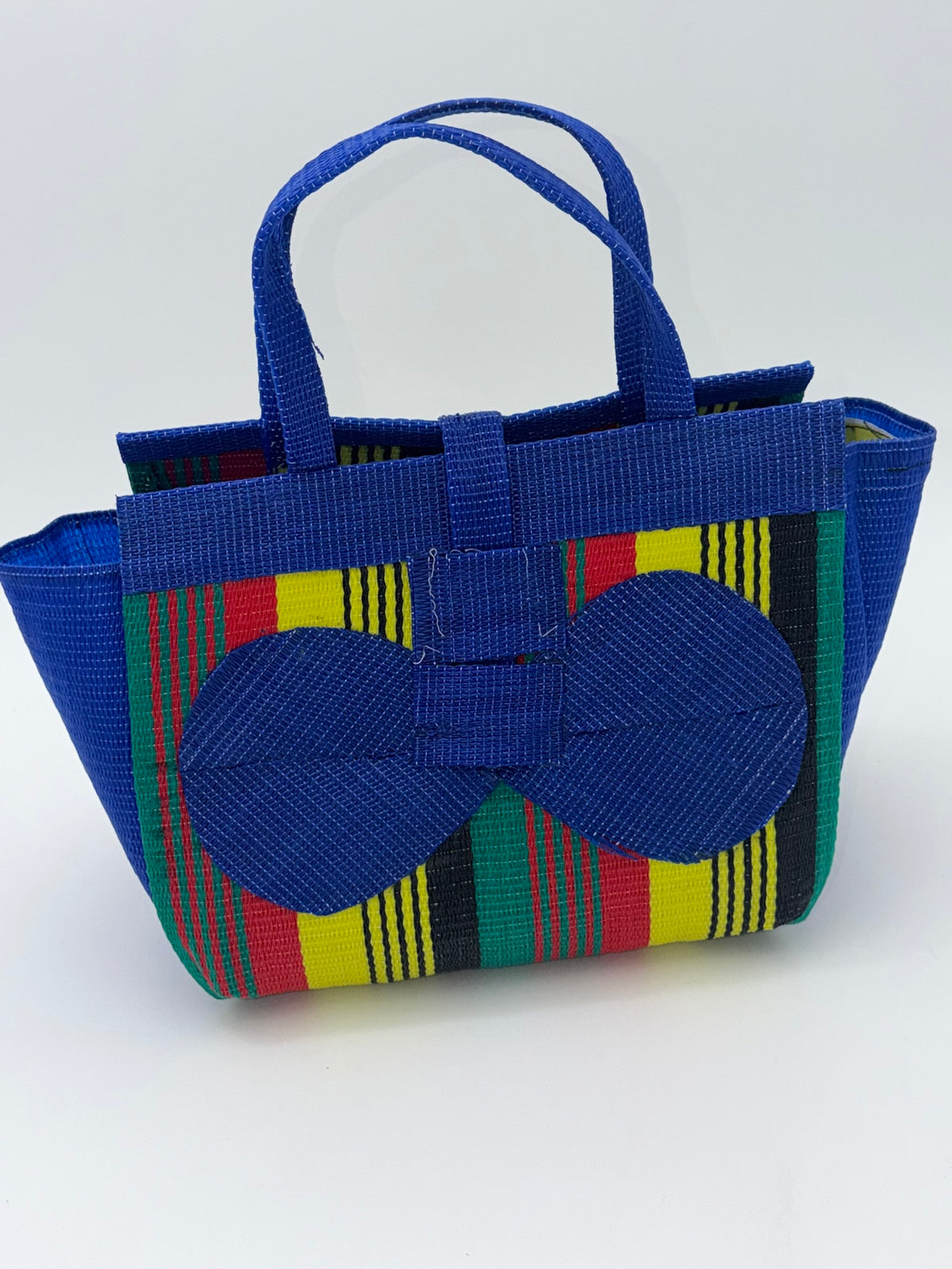 Africana Medium  handwoven tote bag by SCRUBIES in Blue,Red,Yellow,Black,Green with Stripes design and Bow accent pattern