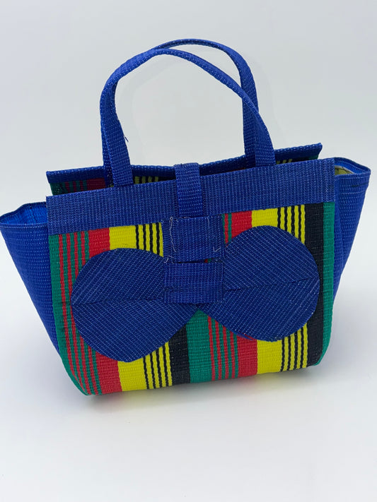 Africana Medium  handwoven tote bag by SCRUBIES in Blue,Red,Yellow,Black,Green with Stripes design and Bow accent pattern