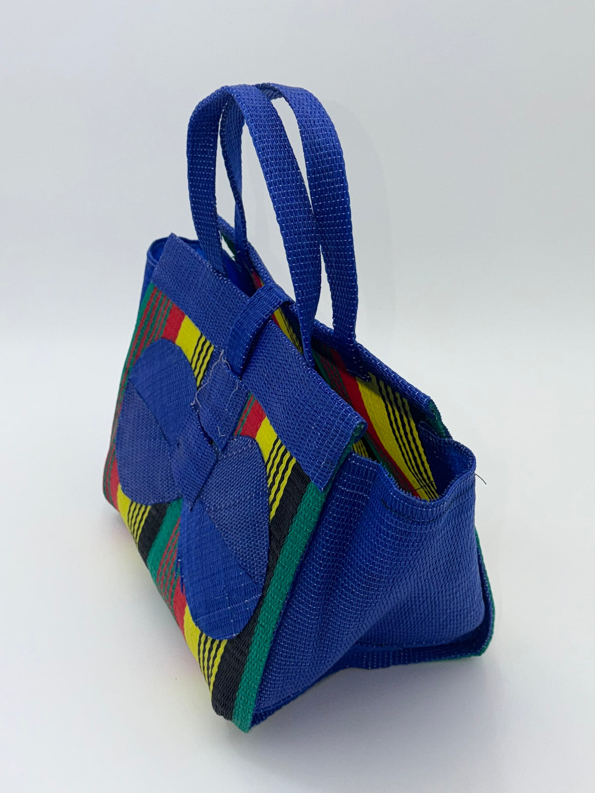 Africana Medium  handwoven tote bag by SCRUBIES in Blue,Red,Yellow,Black,Green with Stripes design and Bow accent pattern