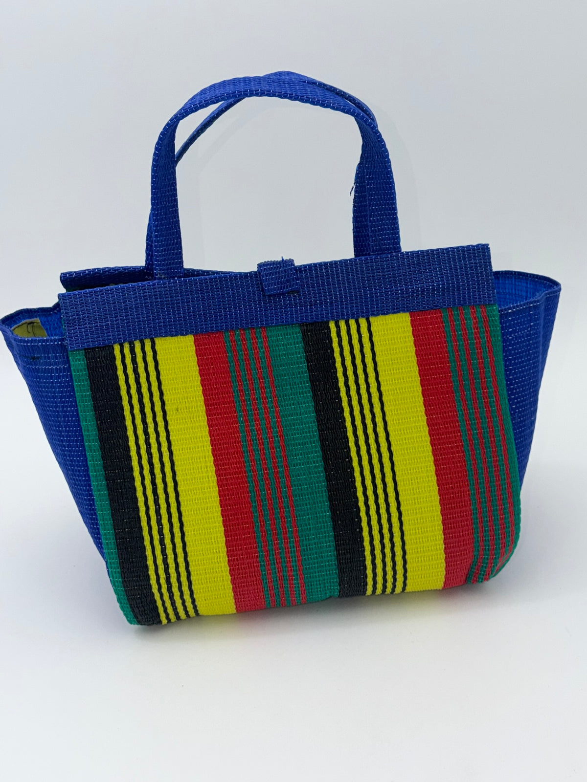 Africana Medium  handwoven tote bag by SCRUBIES in Blue,Red,Yellow,Black,Green with Stripes design and Bow accent pattern