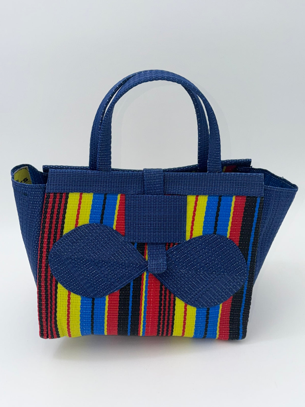 Africana Medium  handwoven tote bag by SCRUBIES in Blue,Red,Yellow,Black, with Stripes design and Bow accent pattern