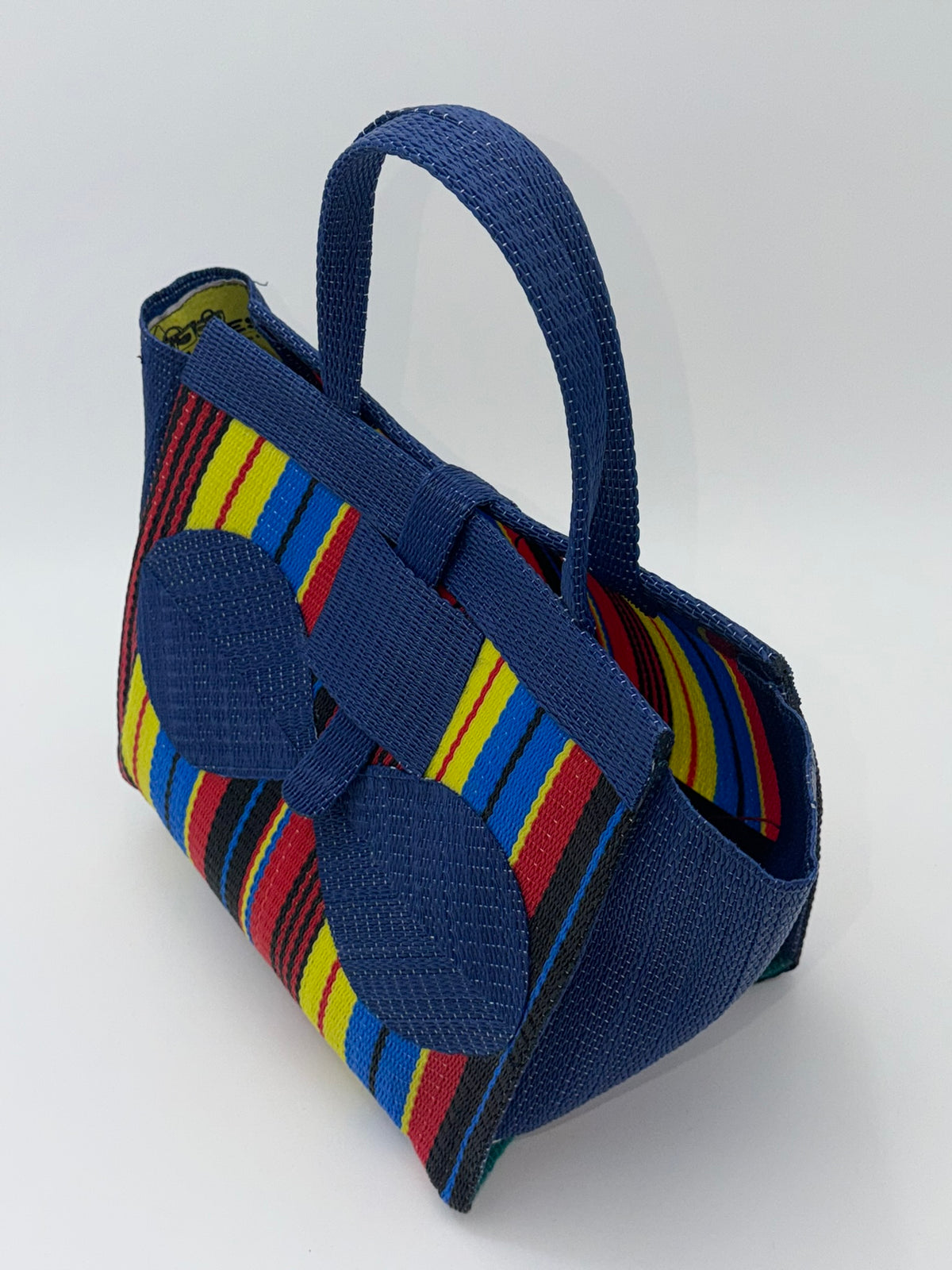 Africana Medium  handwoven tote bag by SCRUBIES in Blue,Red,Yellow,Black, with Stripes design and Bow accent pattern