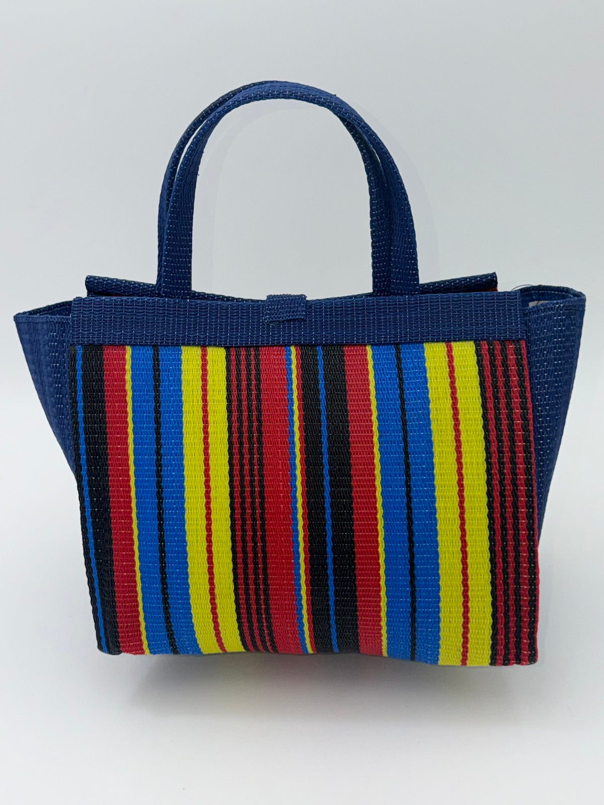Africana Medium  handwoven tote bag by SCRUBIES in Blue,Red,Yellow,Black, with Stripes design and Bow accent pattern