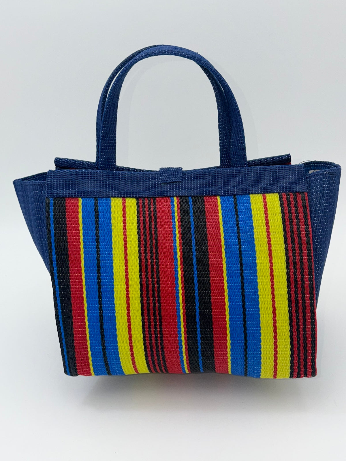 Africana Medium  handwoven tote bag by SCRUBIES in Blue,Red,Yellow,Black, with Stripes design and Bow accent pattern