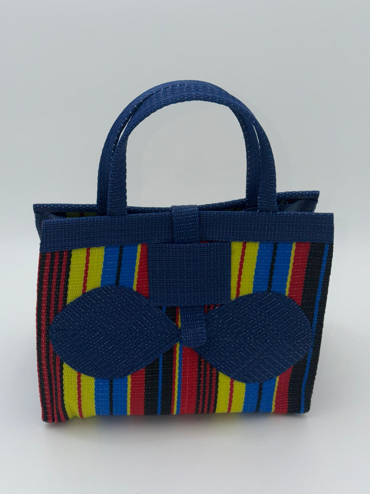 Africana Medium  handwoven tote bag by SCRUBIES in Blue,Red,Yellow,Black, with Stripes design and Bow accent pattern