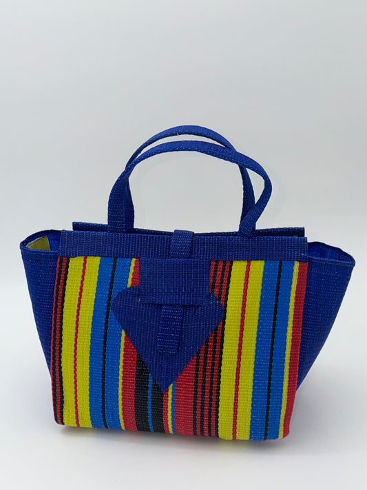 Africana Medium  handwoven tote bag by SCRUBIES in Blue,Red,Yellow,Black, with Stripes design and Leaf accent pattern