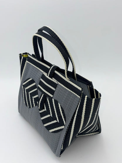 Metallic Medium  handwoven tote bag by SCRUBIES in Gray,Black,White with Solid design and Bow accent pattern