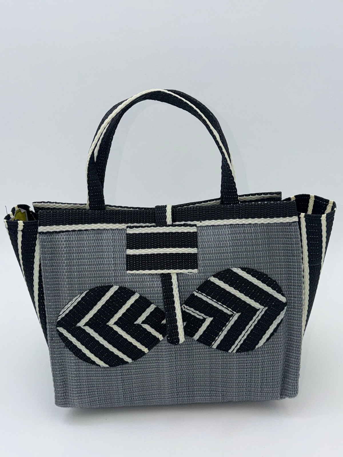 Metallic Medium  handwoven tote bag by SCRUBIES in Gray,Black,White with Solid design and Bow accent pattern
