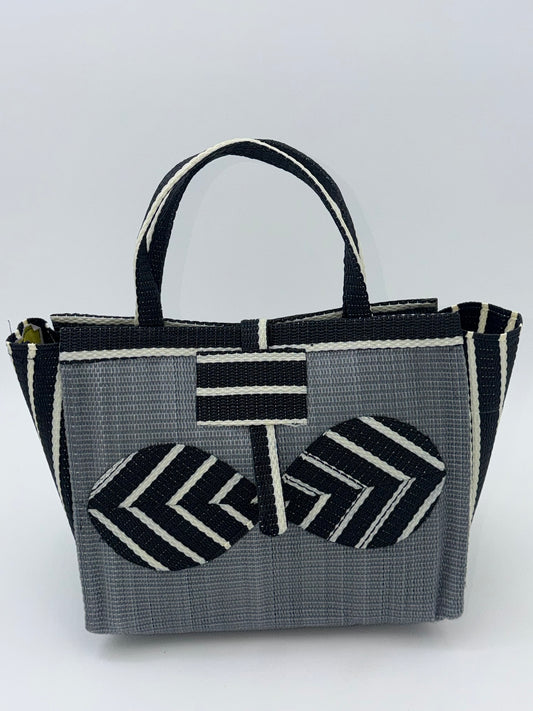 Metallic Medium  handwoven tote bag by SCRUBIES in Gray,Black,White with Solid design and Bow accent pattern