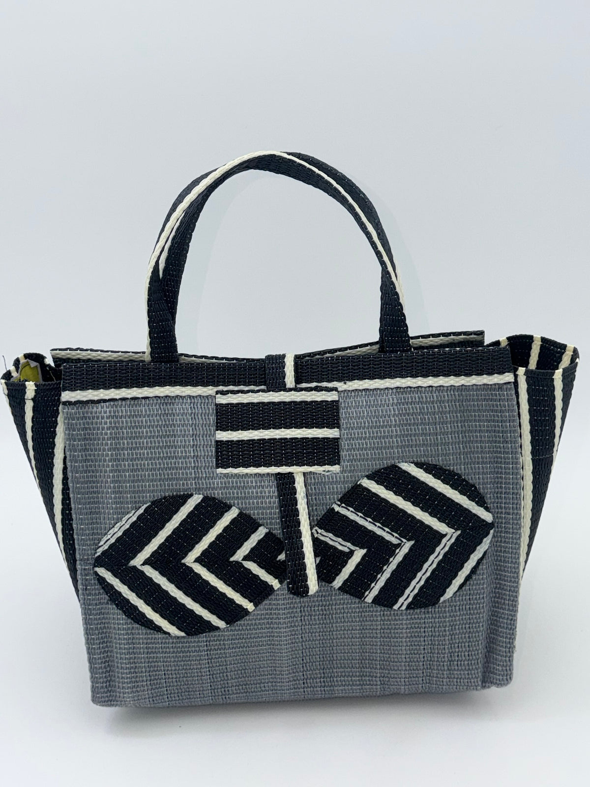 Metallic Medium  handwoven tote bag by SCRUBIES in Gray,Black,White with Solid design and Bow accent pattern