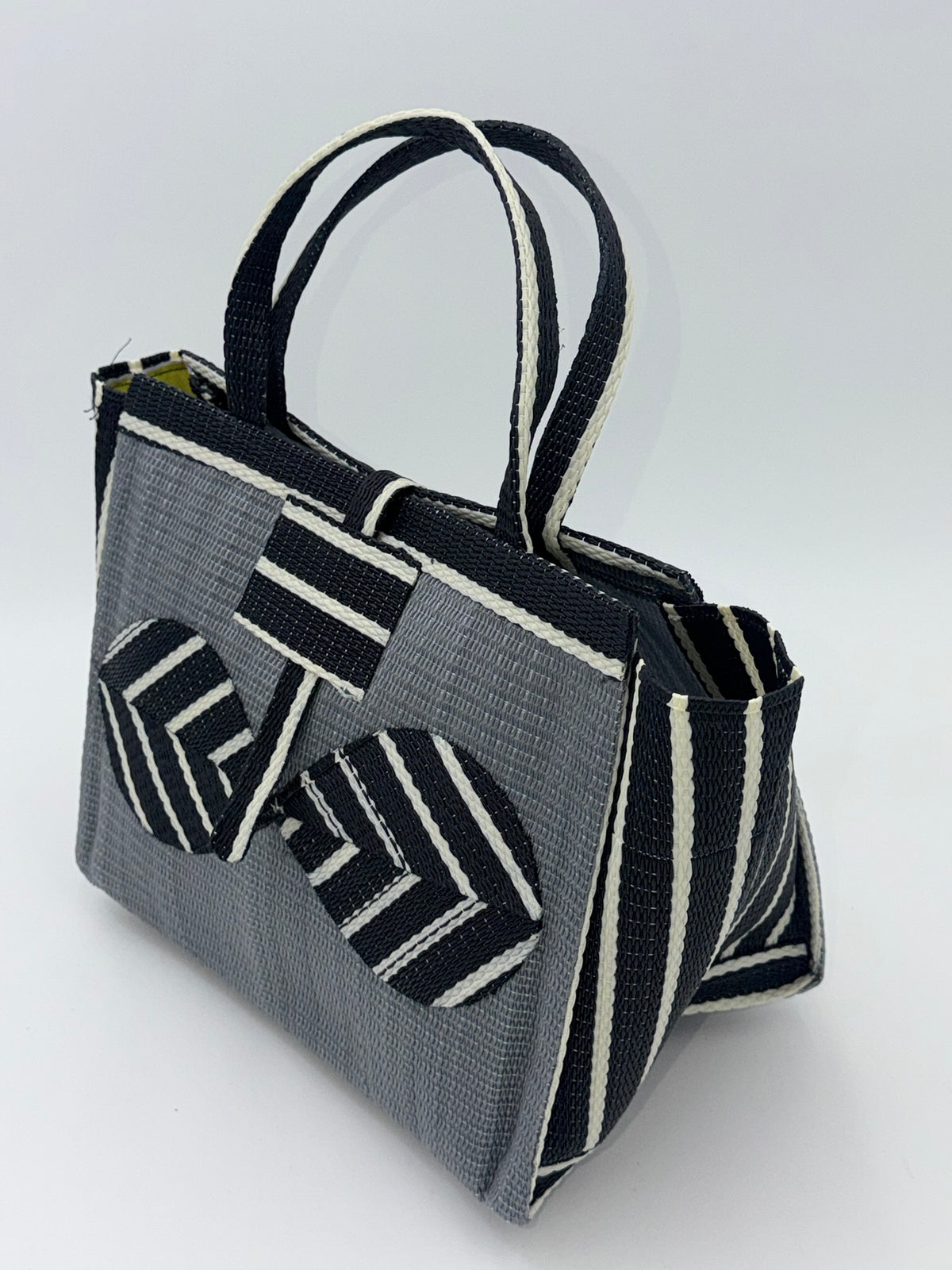 Metallic Medium  handwoven tote bag by SCRUBIES in Gray,Black,White with Solid design and Bow accent pattern