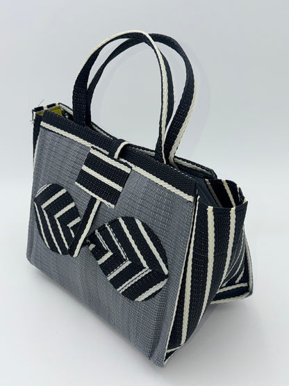 Metallic Medium  handwoven tote bag by SCRUBIES in Gray,Black,White with Solid design and Bow accent pattern