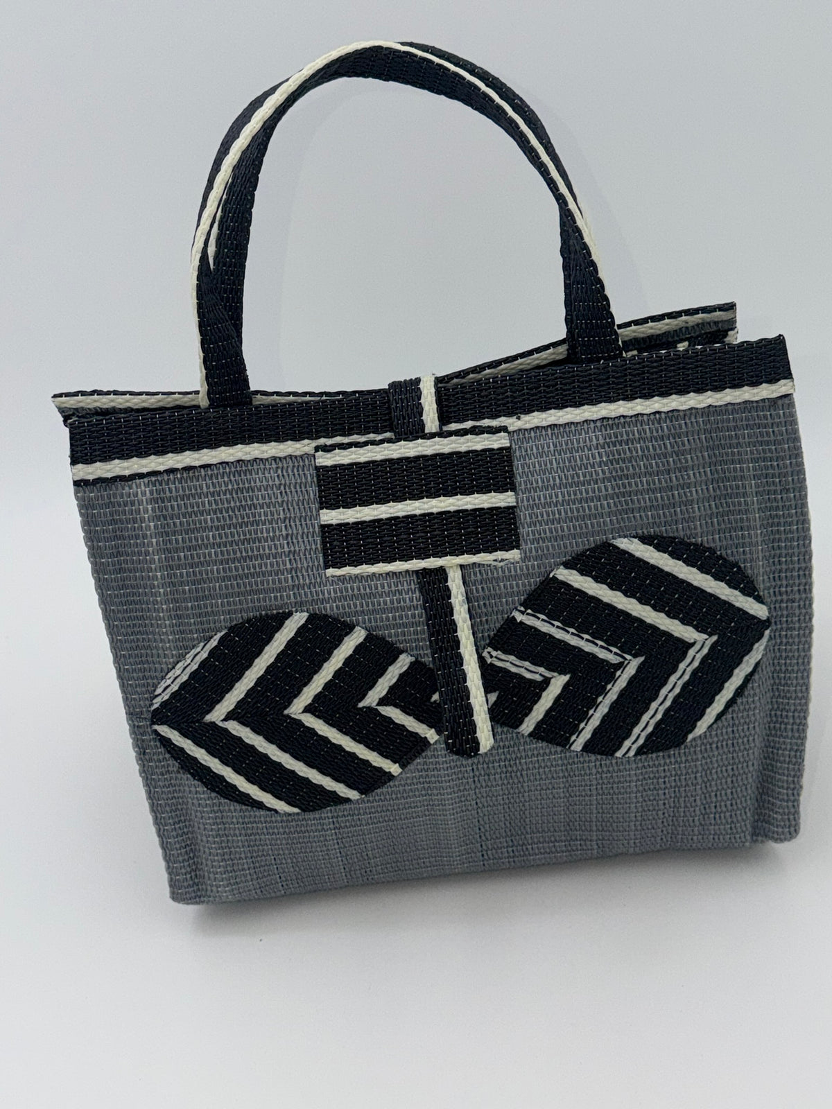 Metallic Medium  handwoven tote bag by SCRUBIES in Gray,Black,White with Solid design and Bow accent pattern