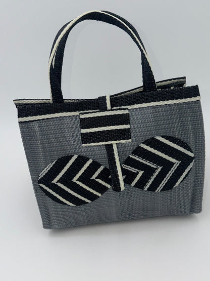 Metallic Medium  handwoven tote bag by SCRUBIES in Gray,Black,White with Solid design and Bow accent pattern
