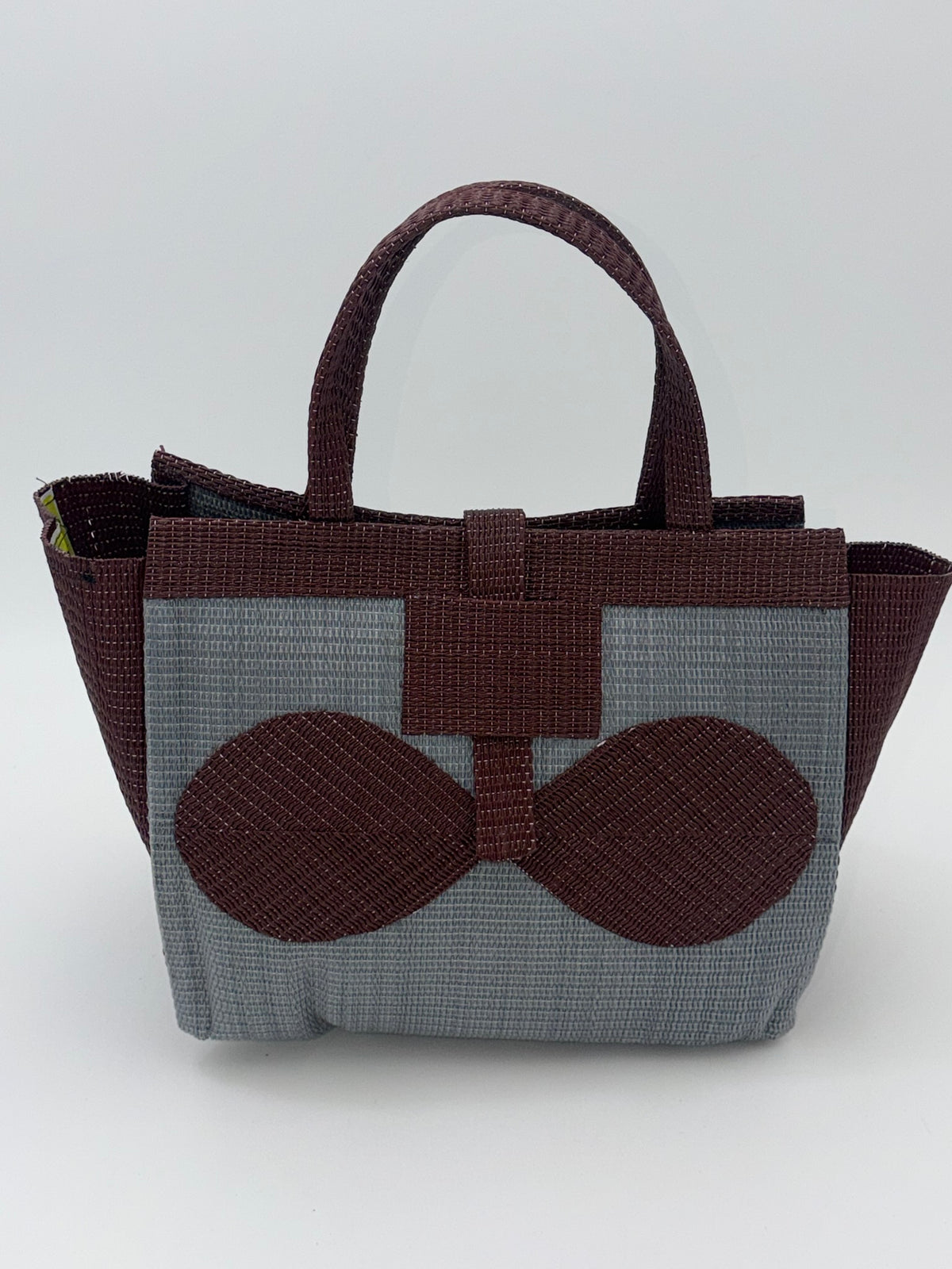 Metallic Medium  handwoven tote bag by SCRUBIES in Gray,Brown with Solid design and Bow accent pattern