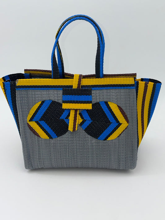 Metallic Medium  handwoven tote bag by SCRUBIES in Gray,Yellow,Blue,Black with Solid design and Bow accent pattern