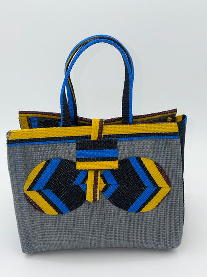 Metallic Medium  handwoven tote bag by SCRUBIES in Gray,Yellow,Blue,Black with Solid design and Bow accent pattern