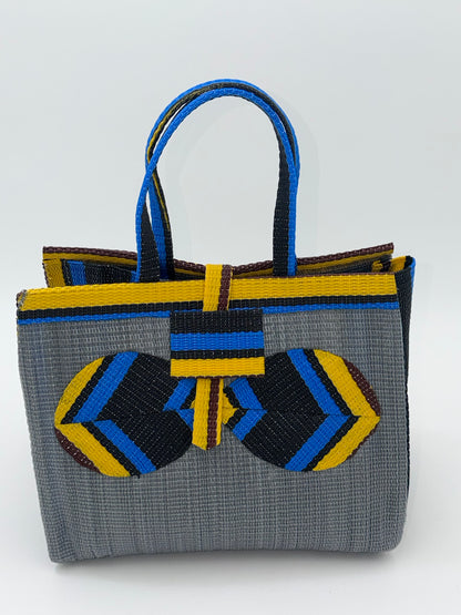 Metallic Medium  handwoven tote bag by SCRUBIES in Gray,Yellow,Blue,Black with Solid design and Bow accent pattern