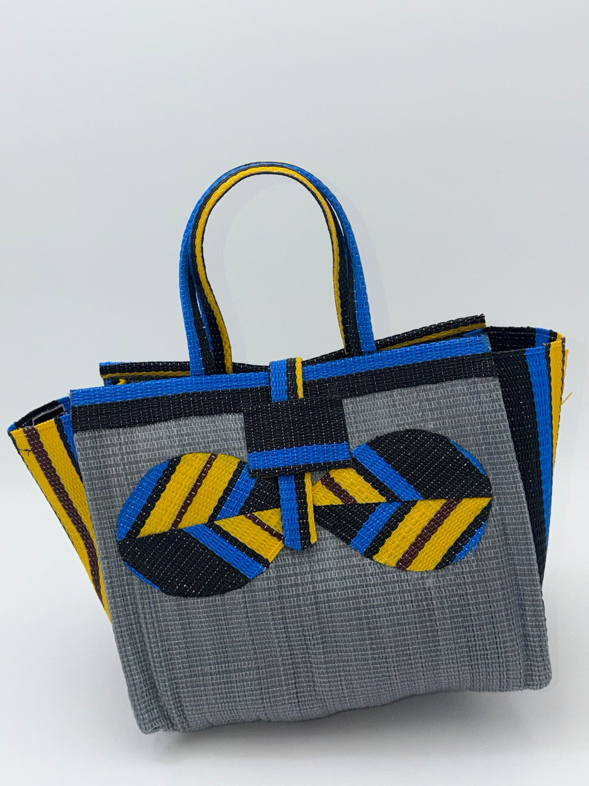 Metallic Medium  handwoven tote bag by SCRUBIES in Gray,Yellow,Blue,Black with Solid design and Bow accent pattern