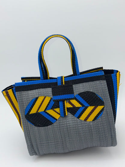 Metallic Medium  handwoven tote bag by SCRUBIES in Gray,Yellow,Blue,Black with Solid design and Bow accent pattern