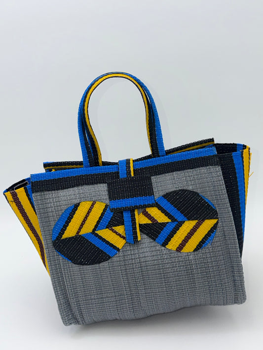 Metallic Medium  handwoven tote bag by SCRUBIES in Gray,Yellow,Blue,Black with Solid design and Bow accent pattern