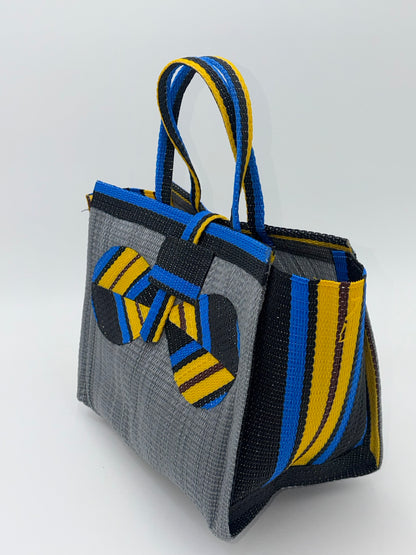 Metallic Medium  handwoven tote bag by SCRUBIES in Gray,Yellow,Blue,Black with Solid design and Bow accent pattern